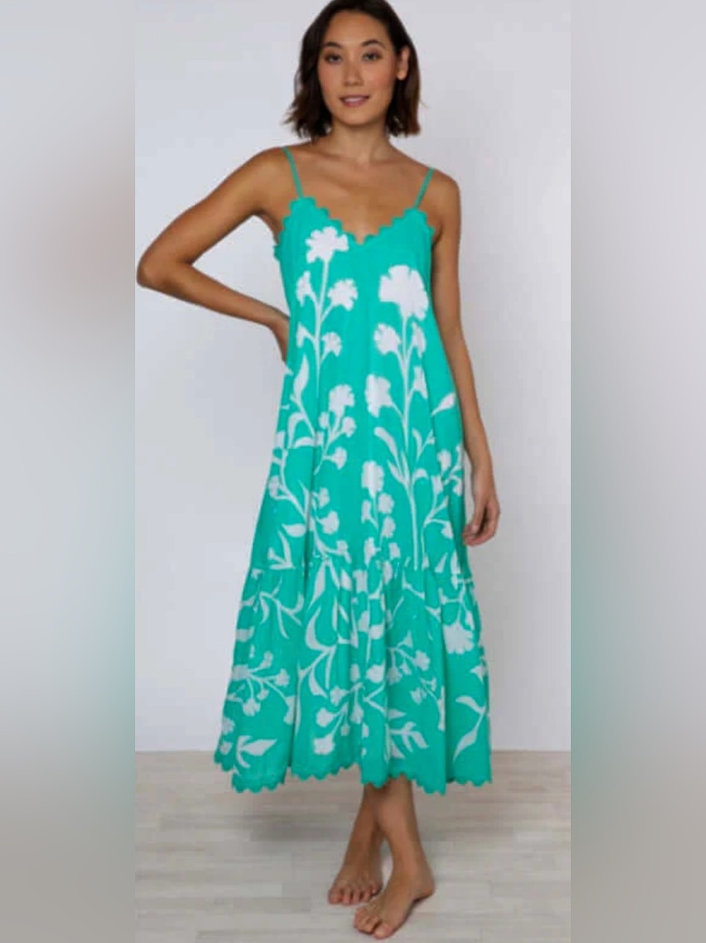 Juliet Dunn V Neck Floral Scalloped Cotton Midi Dress Jade Size 3 (US 8-10)